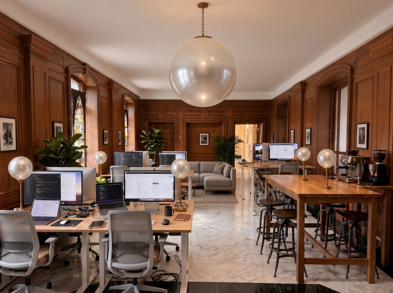 Studio interior with warm wood, natural light, and a pearl light fixture