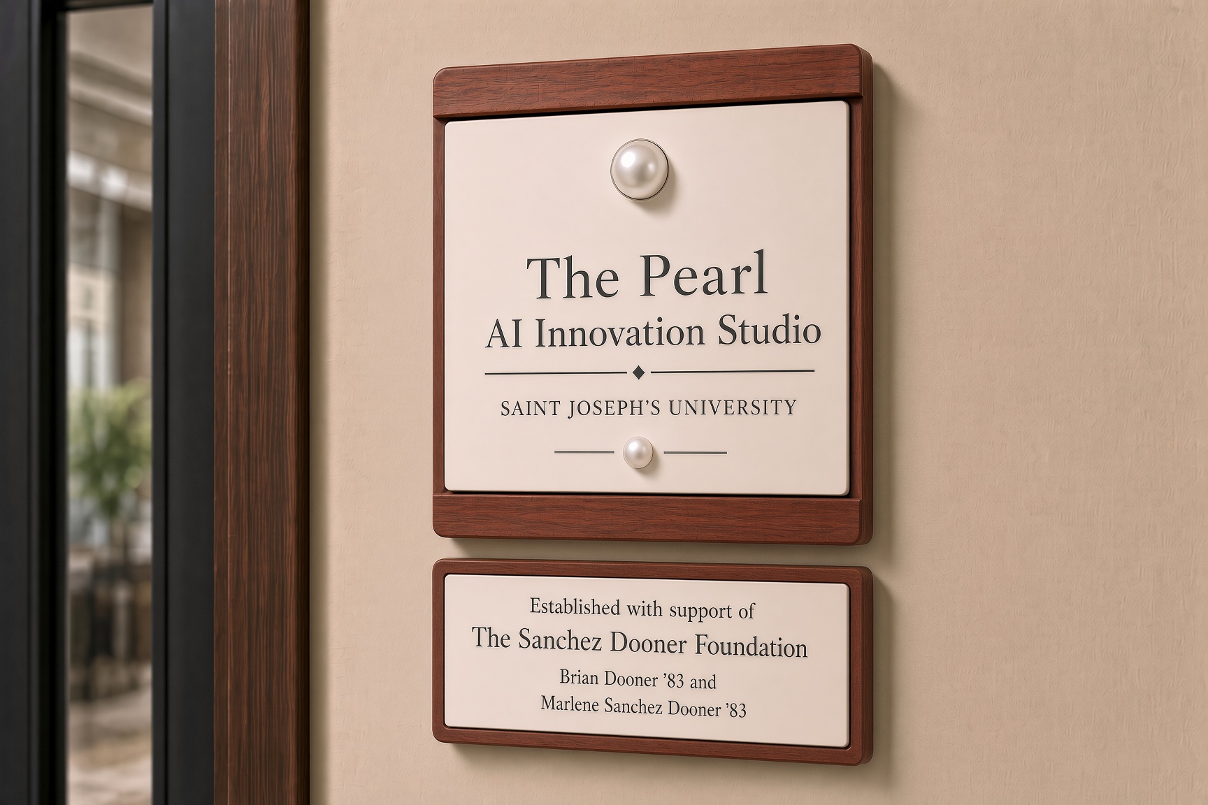 Wall-mounted nameplate beside the studio door reading The Pearl, AI Innovation Studio, Saint Joseph's University, with a donor plaque for The Sanchez Dooner Foundation